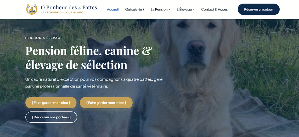 Capture d'écran de la page d'accueil du site Ô Bonheur des 4 Pattes